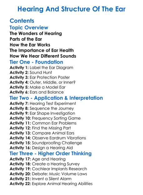 Hearing And Structure Of The Ear Worksheet Activity Booklet