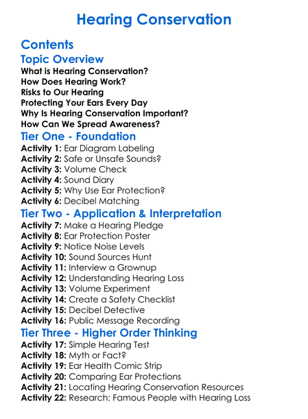 Hearing Conservation Worksheet Activity Booklet