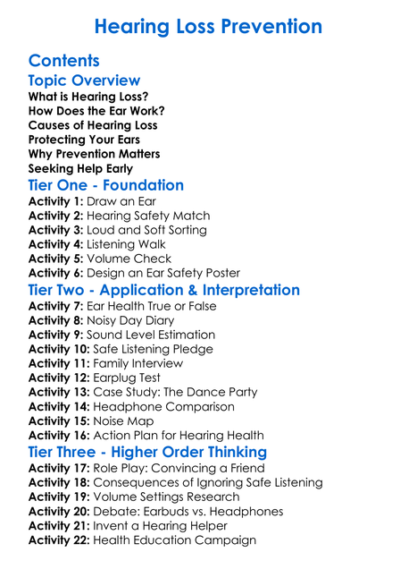Hearing Loss Prevention Worksheet Activity Booklet