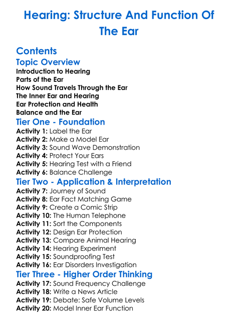 Hearing Structure And Function Of The Ear Worksheet Activity Booklet