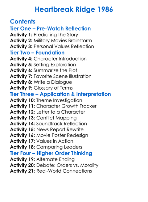 Heartbreak Ridge 1986 Worksheet Activity Booklet