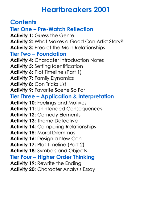 Heartbreakers 2001 Worksheet Activity Booklet