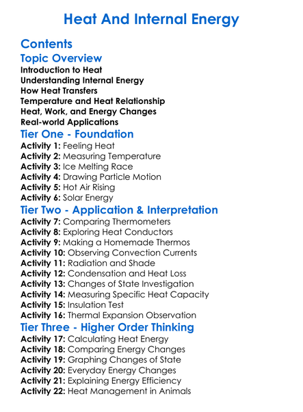 Heat And Internal Energy Worksheet Activity Booklet