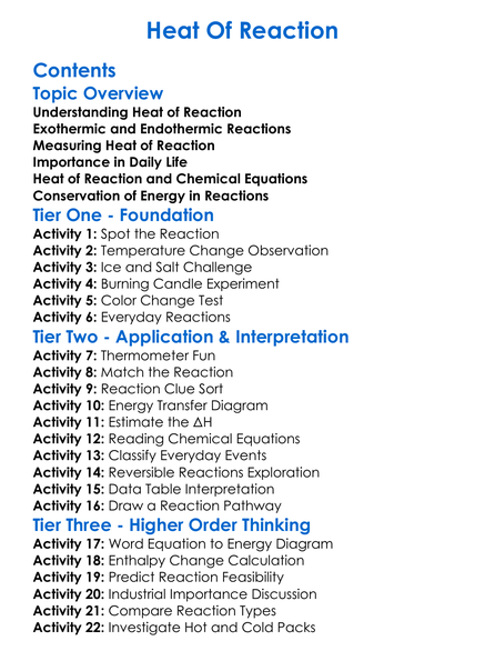 Heat Of Reaction Worksheet Activity Booklet