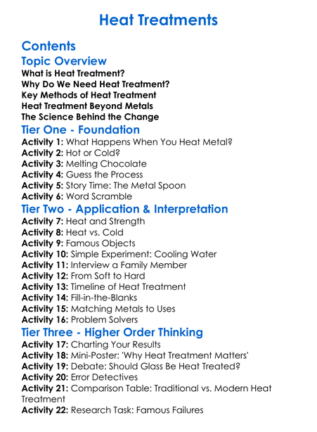 Heat Treatments Worksheet Activity Booklet