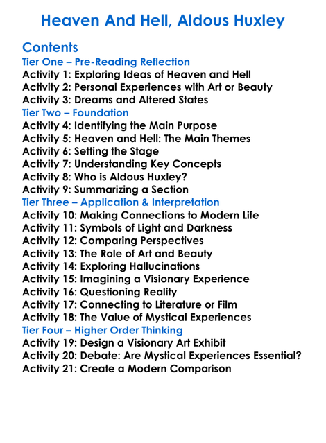 Heaven And Hell Aldous Huxley Worksheet Activity Booklet