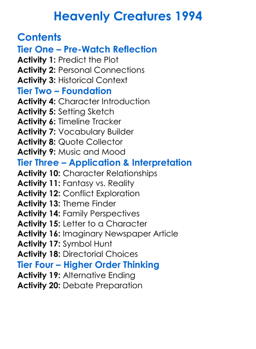 Heavenly Creatures 1994 Worksheet Activity Booklet