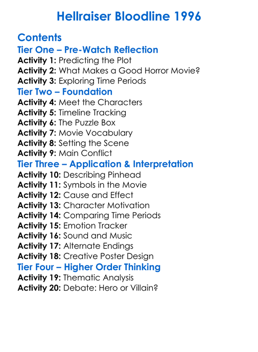 Hellraiser Bloodline 1996 Worksheet Activity Booklet