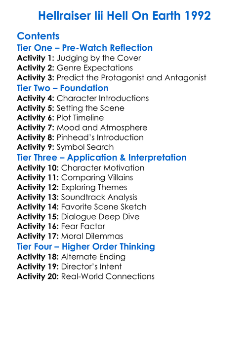 Hellraiser Iii Hell On Earth 1992 Worksheet Activity Booklet