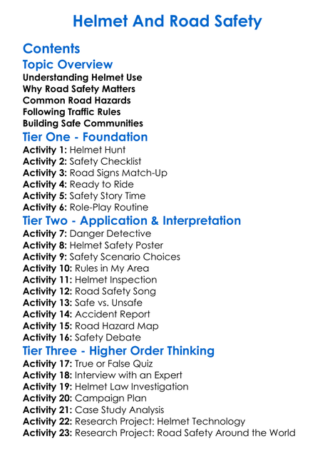 Helmet And Road Safety Worksheet Activity Booklet