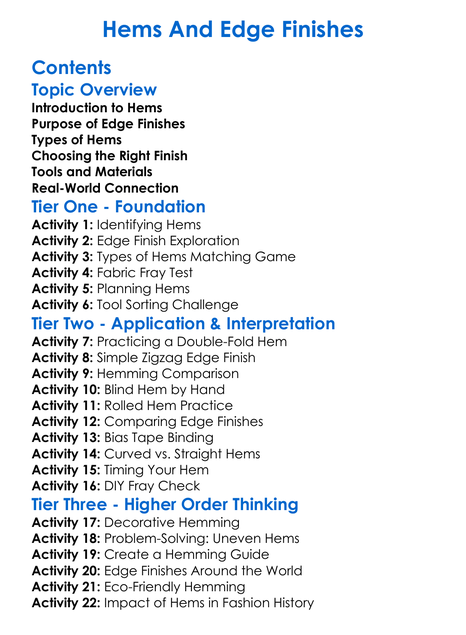 Hems And Edge Finishes Worksheet Activity Booklet