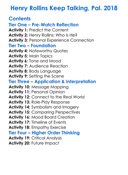 Henry Rollins Keep Talking Pal 2018 Worksheet Activity Booklet