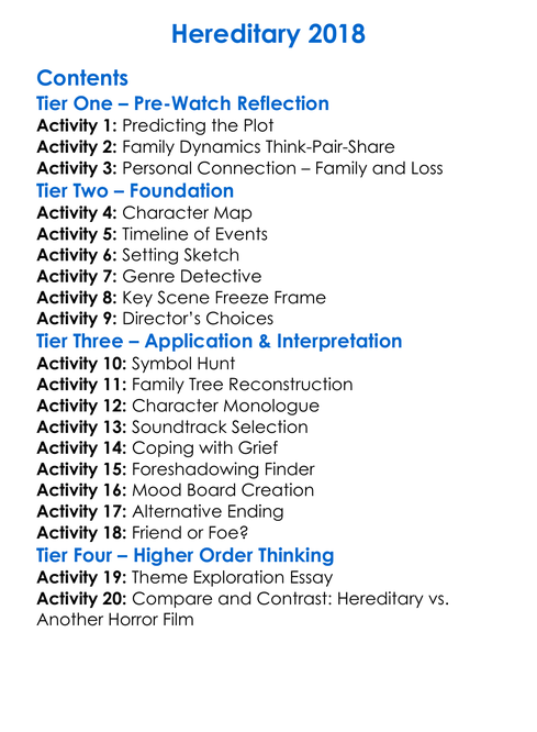 Hereditary 2018 Worksheet Activity Booklet