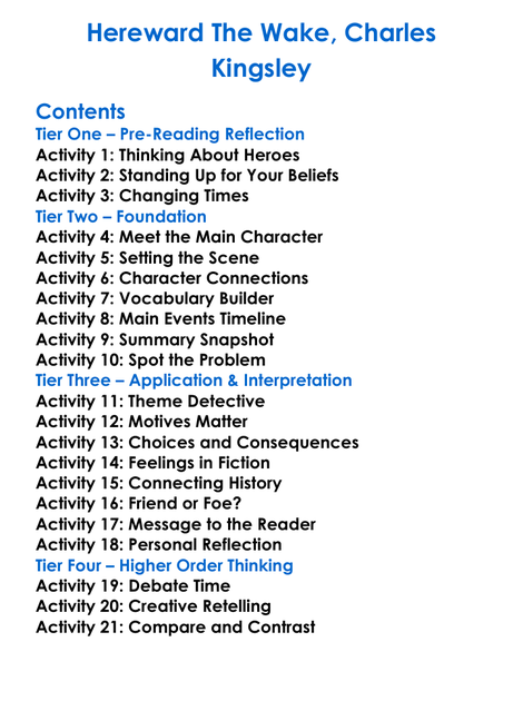 Hereward The Wake Charles Kingsley Worksheet Activity Booklet