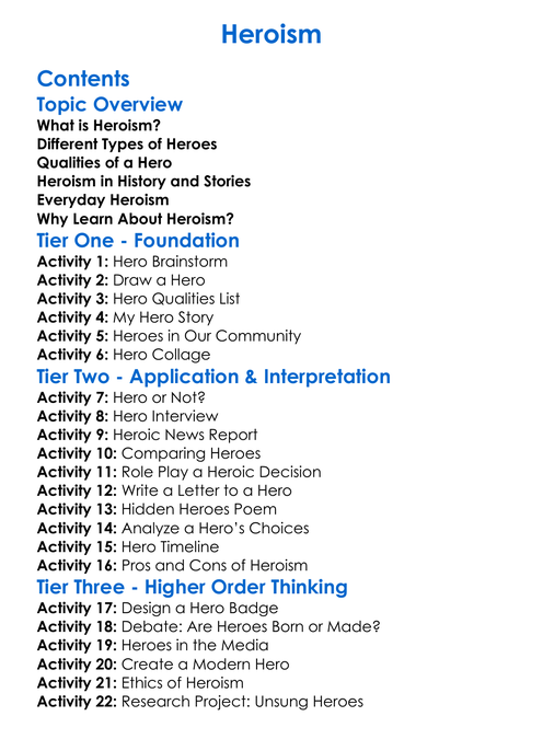 Heroism Worksheet Activity Booklet