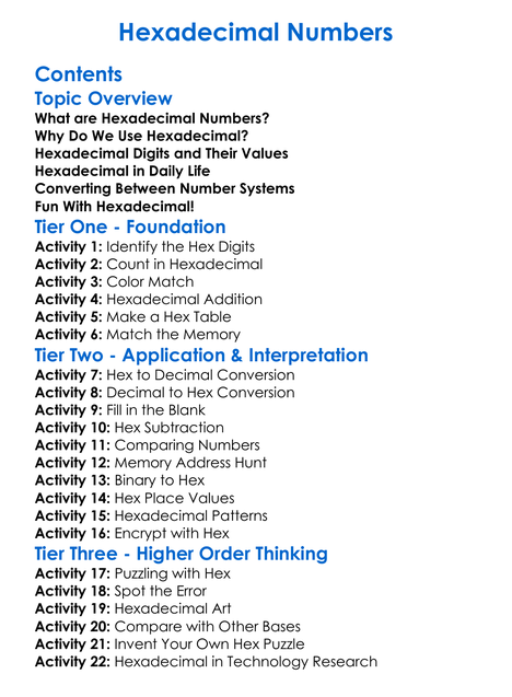 Hexadecimal Numbers Worksheet Activity Booklet