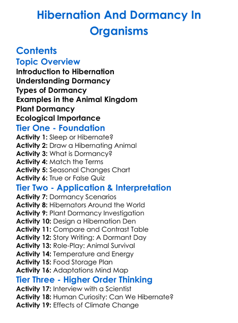 Hibernation And Dormancy In Organisms Worksheet Activity Booklet
