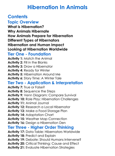 Hibernation In Animals Worksheet Activity Booklet