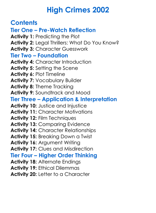 High Crimes 2002 Worksheet Activity Booklet