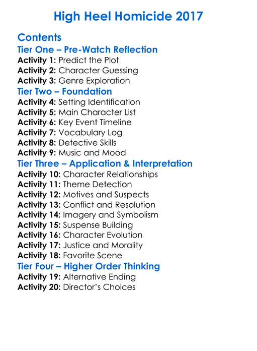 High Heel Homicide 2017 Worksheet Activity Booklet