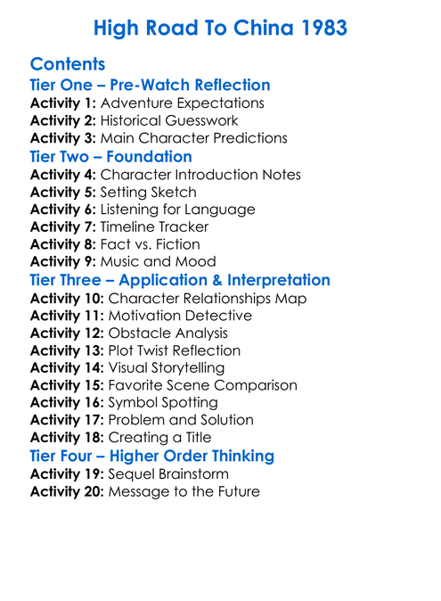 High Road To China 1983 Worksheet Activity Booklet