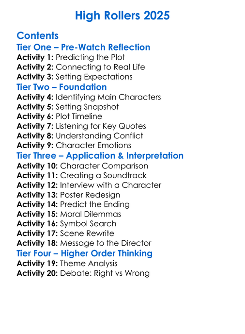 High Rollers 2025 Worksheet Activity Booklet