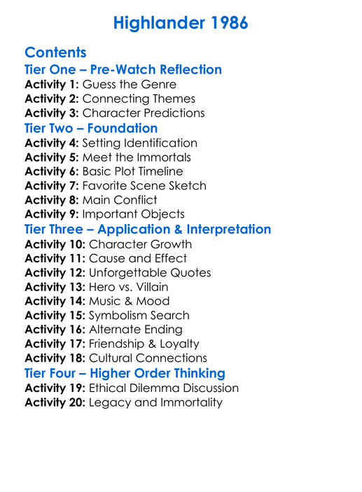 Highlander 1986 Worksheet Activity Booklet