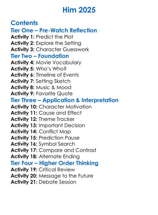 Him 2025 Worksheet Activity Booklet