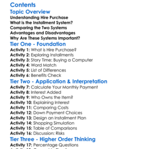 Hire Purchase And Installment Systems Worksheet Activity Booklet