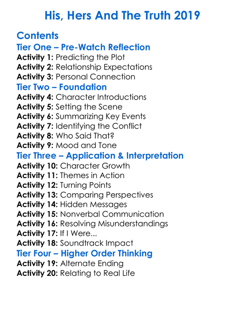 His Hers And The Truth 2019 Worksheet Activity Booklet