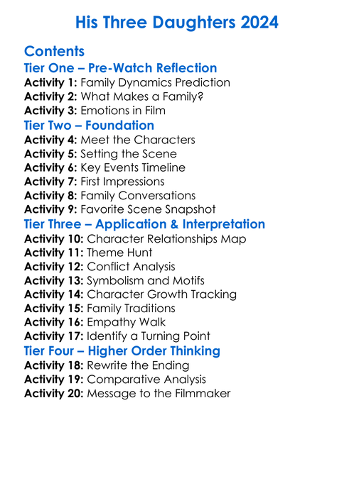 His Three Daughters 2024 Worksheet Activity Booklet