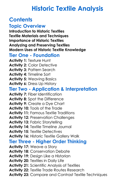 Historic Textile Analysis Worksheet Activity Booklet