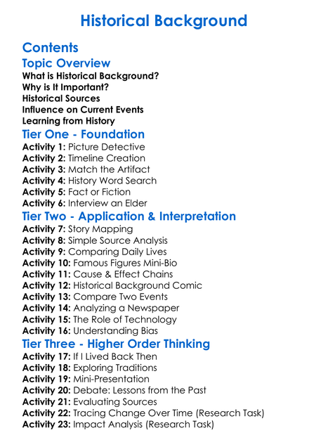 Historical Background Worksheet Activity Booklet