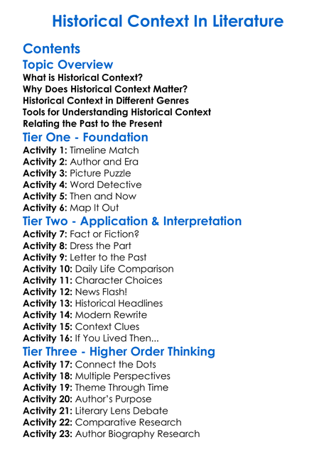 Historical Context In Literature Worksheet Activity Booklet