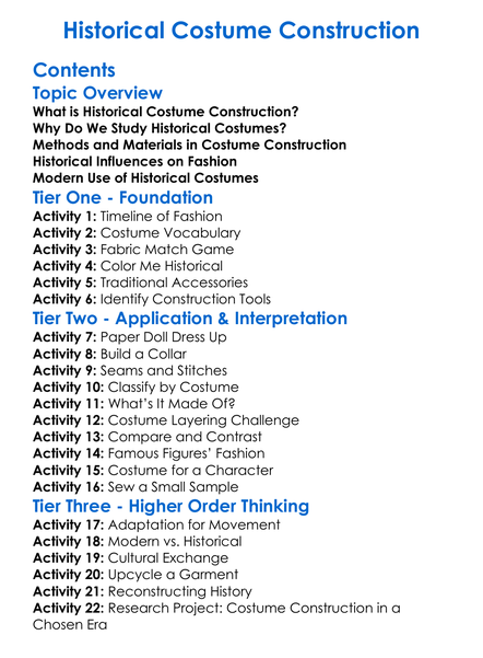 Historical Costume Construction Worksheet Activity Booklet