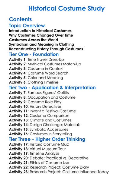 Historical Costume Study Worksheet Activity Booklet