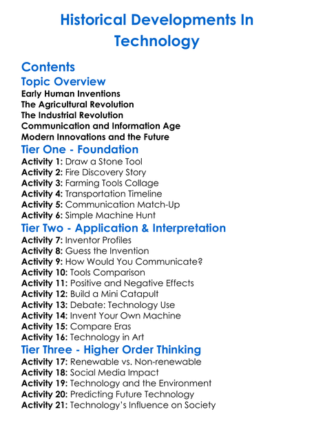 Historical Developments In Technology Worksheet Activity Booklet