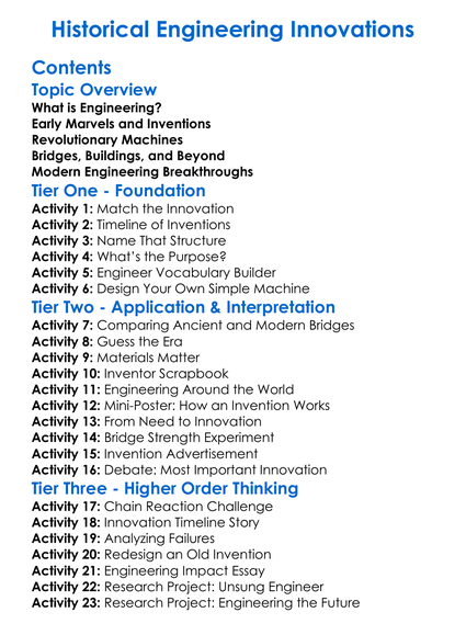 Historical Engineering Innovations Worksheet Activity Booklet