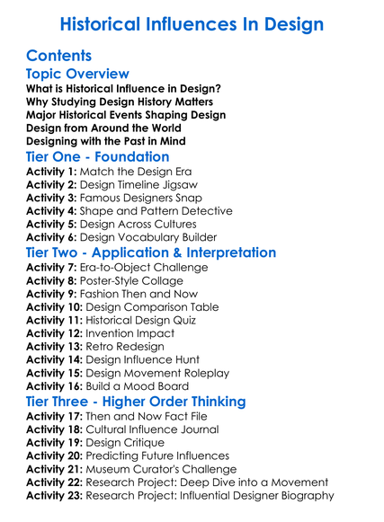 Historical Influences In Design Worksheet Activity Booklet