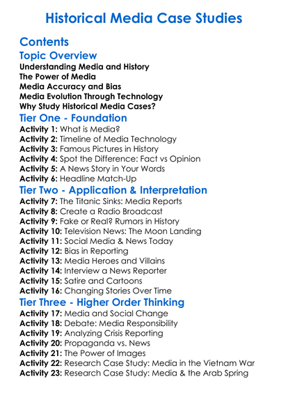 Historical Media Case Studies Worksheet Activity Booklet