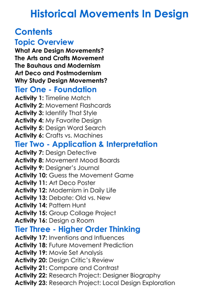 Historical Movements In Design Worksheet Activity Booklet
