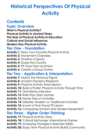 Historical Perspectives Of Physical Activity Worksheet Activity Booklet