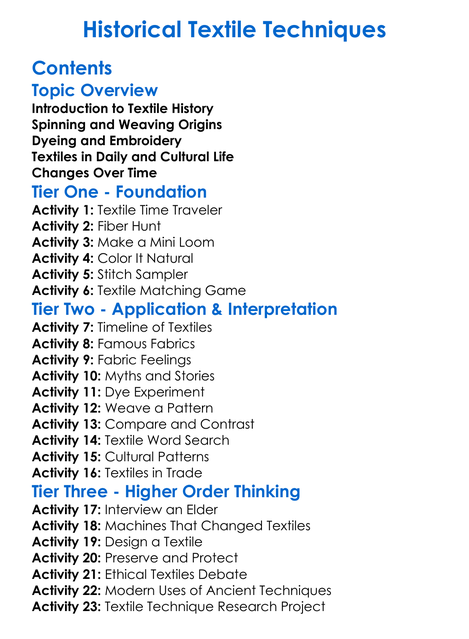 Historical Textile Techniques Worksheet Activity Booklet