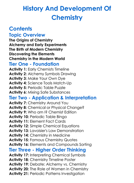 History And Development Of Chemistry Worksheet Activity Booklet