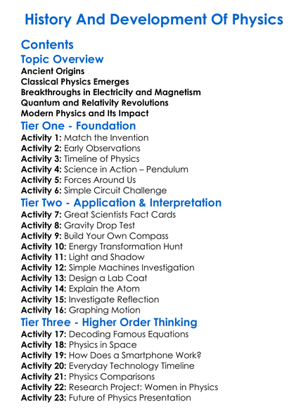 History And Development Of Physics Worksheet Activity Booklet