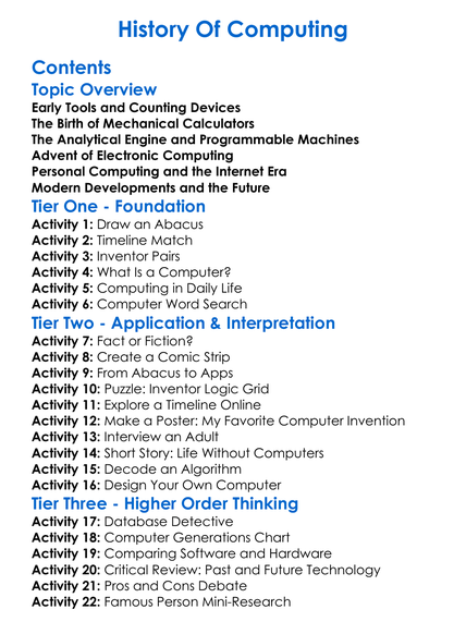 History Of Computing Worksheet Activity Booklet
