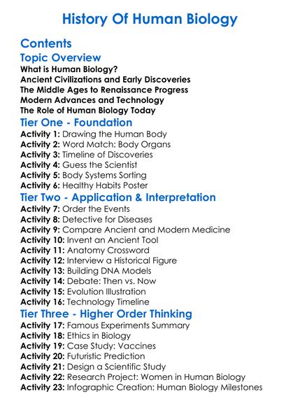 History Of Human Biology Worksheet Activity Booklet