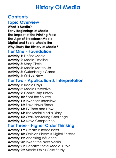 History Of Media Worksheet Activity Booklet
