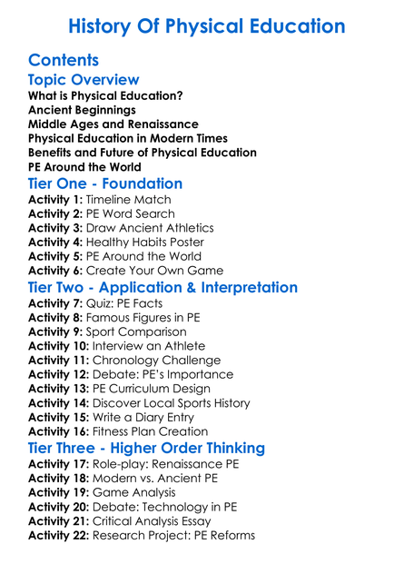 History Of Physical Education Worksheet Activity Booklet