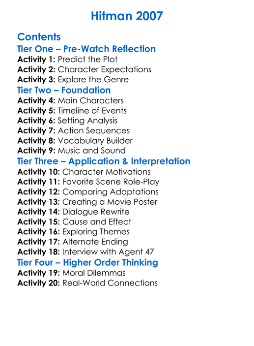 Hitman 2007 Worksheet Activity Booklet